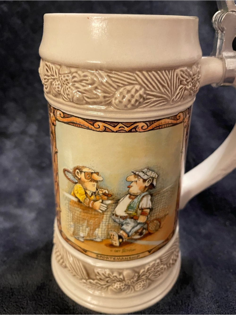 Ceramic Sportsman Scene Stein in Cream with Color Illustration